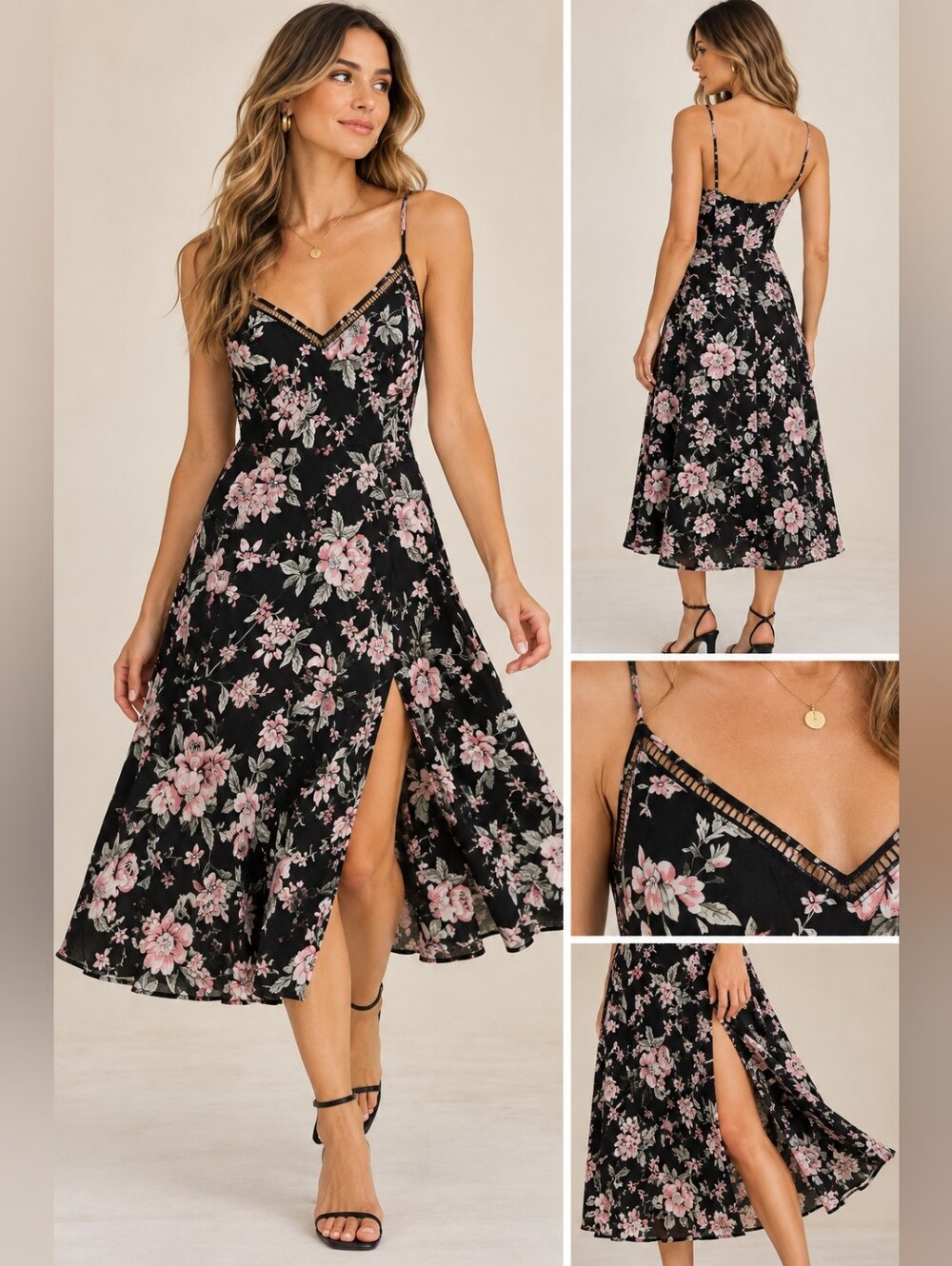 NWT Lulu’s Black Pink Floral Midi Dress Side Slit Cottagecore Size L